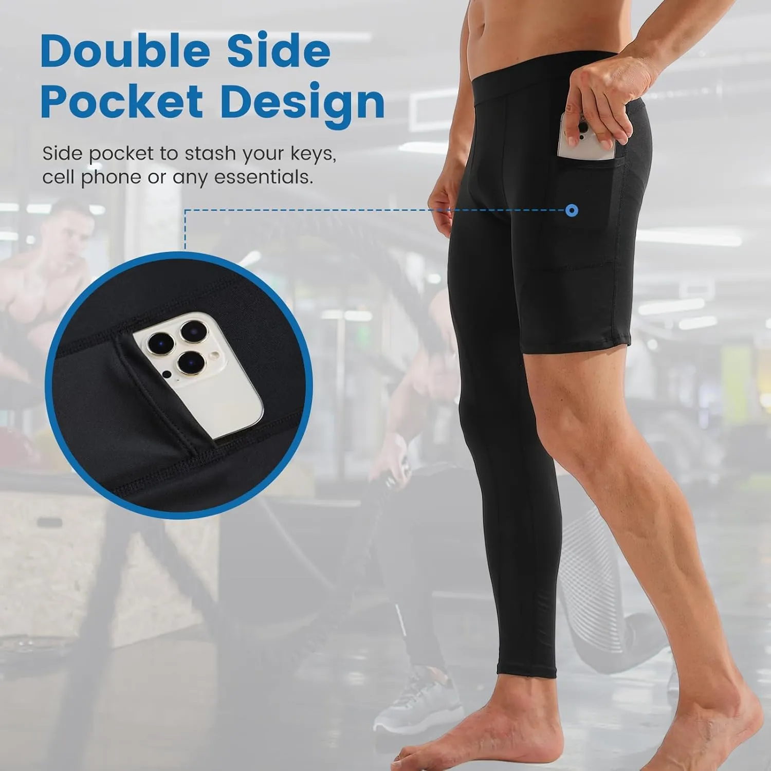2 Pack Men's Compression Pants Single Leg Tight Sports Long Pants with Pockets for Basketball Base Layer Leggings