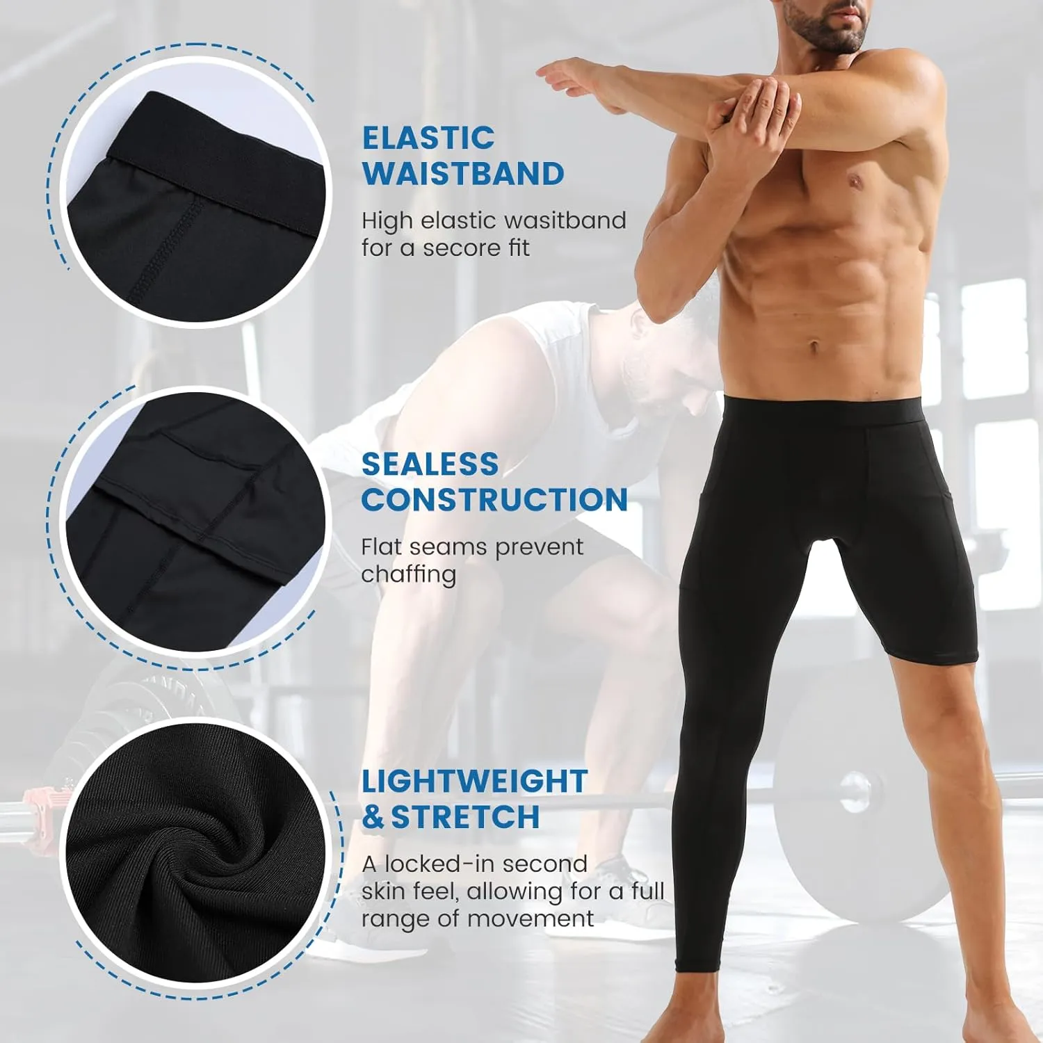 2 Pack Men's Compression Pants Single Leg Tight Sports Long Pants with Pockets for Basketball Base Layer Leggings