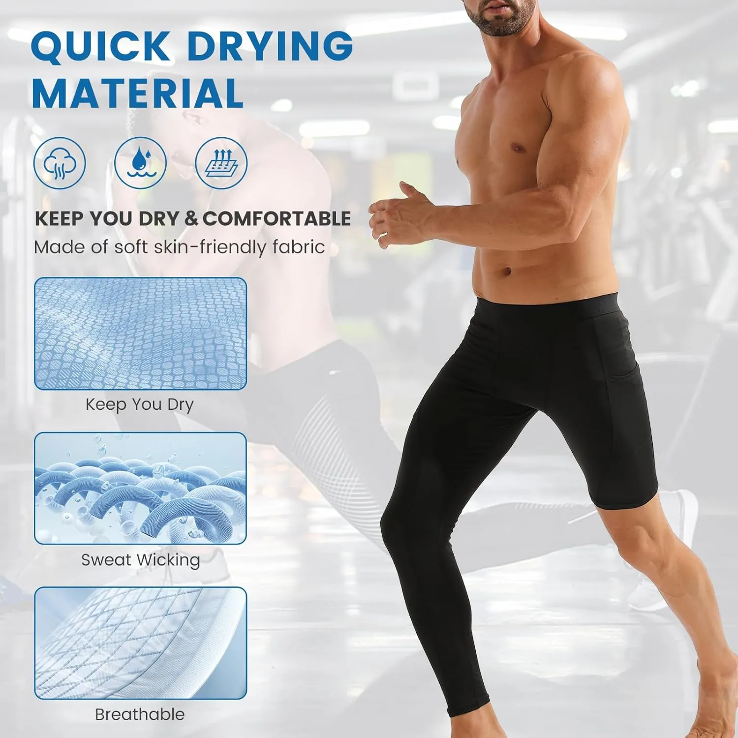 2 Pack Men's Compression Pants Single Leg Tight Sports Long Pants with Pockets for Basketball Base Layer Leggings