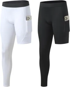 2 Pack Men's Compression Pants Single Leg Tight Sports Long Pants with Pockets for Basketball Base Layer Leggings