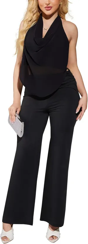 2 Piece Sets for Women Sexy Summer Mesh Halter V Neck Tank Tops High Waist Wide Leg Pants Sets Clubwear Outfits Jumpsuits