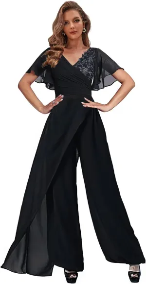 2 Piece Solid Color Chiffon Lace Applique Backless Mother of The Bride Pant Suits for Banquet Occasion of Evening Dress