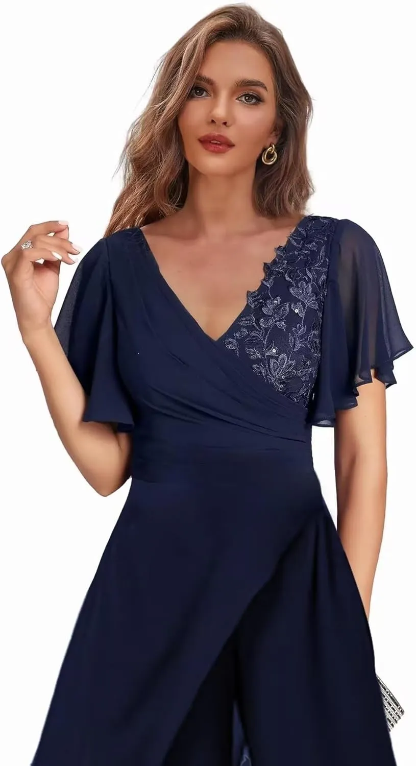 2 Piece Solid Color Chiffon Lace Applique Backless Mother of The Bride Pant Suits for Banquet Occasion of Evening Dress