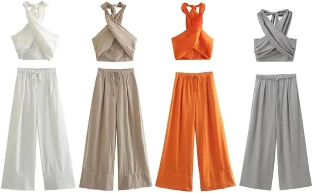 2-Piece Women's Trouser Suit Summer Linen Blend Sexy Halter Backless Suspender Wide Leg Pants Suit