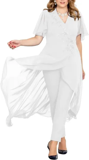 2 Pieces Mother of The Bride Pant Suits for Wedding Beaded Appliques Chiffon Outfit Formal Pantsuits for Women Dressy