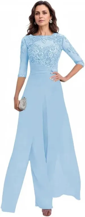 2 Pieces Pant Suits for Women Dressy 3/4 Sleeve Lace Applique Chiffon Mother of The Bride Pantsuits for Wedding Guest