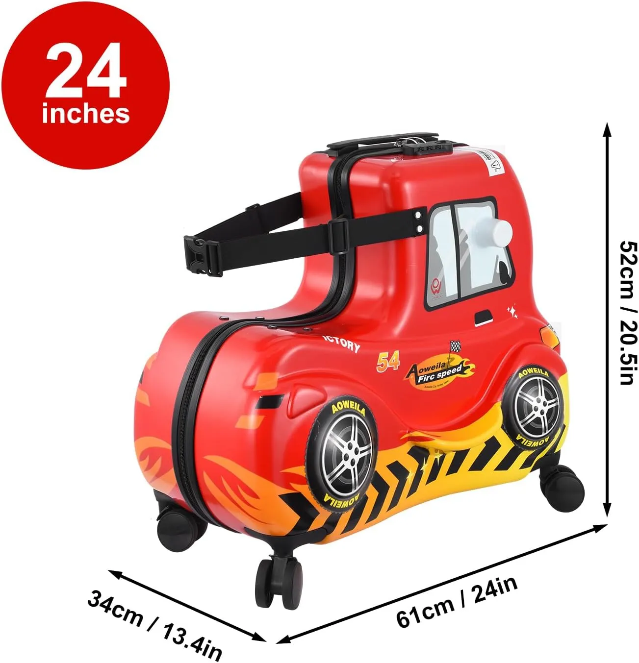 24 Inch Kids Ride Suitcase,Toddler Luggage Seat Ride with Lock - Kids Travel Trolley with Safety Belt, kids luggage with wheels Child Stroller Spinner Luggage, ABS PC (Red Car, 5-12 Years)