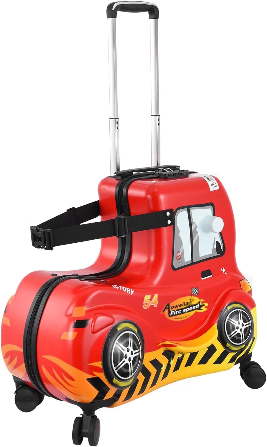 24 Inch Kids Ride Suitcase,Toddler Luggage Seat Ride with Lock - Kids Travel Trolley with Safety Belt, kids luggage with wheels Child Stroller Spinner Luggage, ABS PC (Red Car, 5-12 Years)