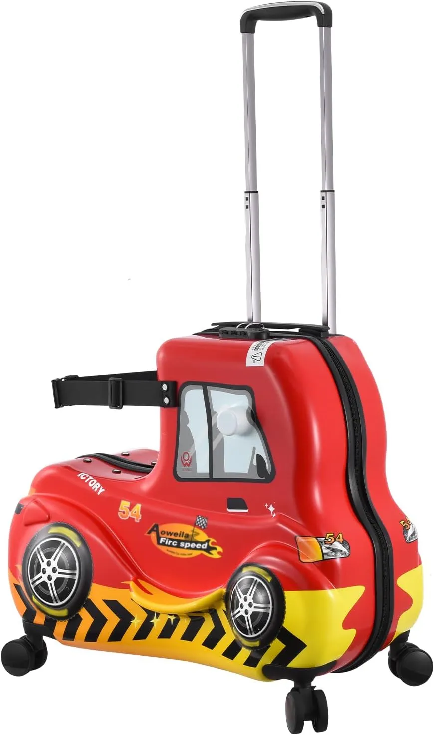 24 Inch Kids Ride Suitcase,Toddler Luggage Seat Ride with Lock - Kids Travel Trolley with Safety Belt, kids luggage with wheels Child Stroller Spinner Luggage, ABS PC (Red Car, 5-12 Years)