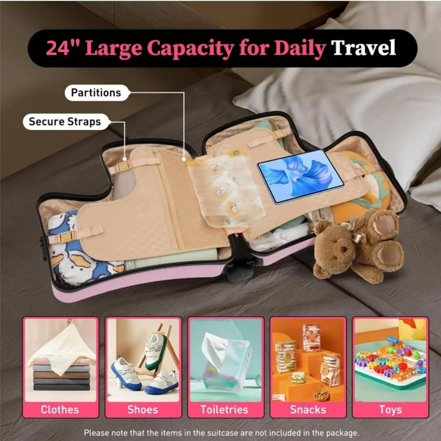 24 Inch Kids Ride Suitcase,Toddler Luggage Seat Ride with Lock - Kids Travel Trolley with Safety Belt, kids luggage with wheels Child Stroller Spinner Luggage, ABS PC (Red Car, 5-12 Years)
