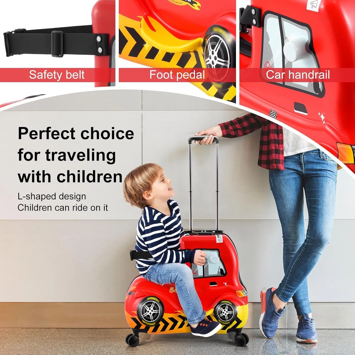 24 Inch Kids Ride Suitcase,Toddler Luggage Seat Ride with Lock - Kids Travel Trolley with Safety Belt, kids luggage with wheels Child Stroller Spinner Luggage, ABS PC (Red Car, 5-12 Years)