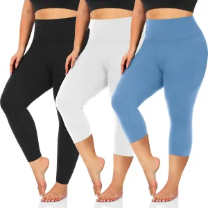 3 Pack Women's Plus Size Capri Leggings High Waist Tummy Control, Stretchy Yoga Workout Pants (XL-4X) - Spandex Elastic Fit