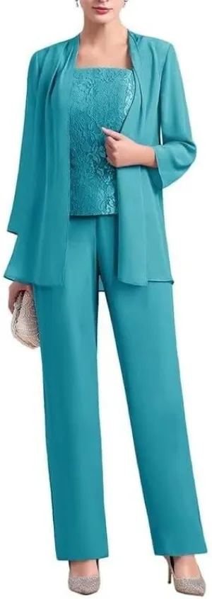 3 Pieces Mother of The Bride Dresses Pant Suits for Women Chiffon Lace Formal Outfit Evening Dress with Jacket