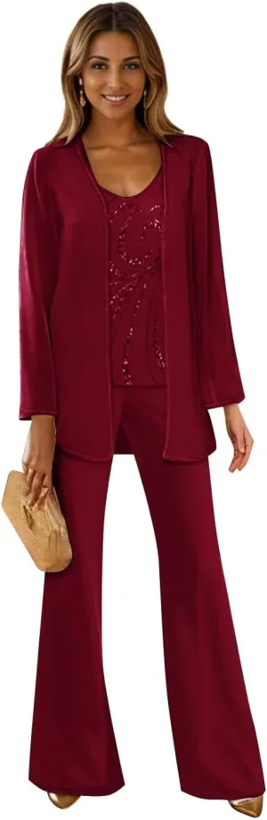 3 Pieces Mother of The Bride Pant Suits for Wedding Long Sleeve Chiffon Pantsuit Formal Wedding Guest Outfit