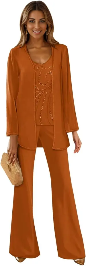 3 Pieces Mother of The Bride Pant Suits for Wedding Long Sleeve Chiffon Pantsuit Formal Wedding Guest Outfit