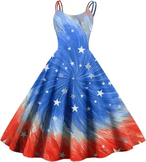 ADHOWBEW 4th of July Dress Women 2025 Sexy Holiday USA American Flag Flowy Sleeveless Graphic Plus Size Dresses