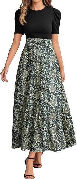 ADHOWBEW Dresses for Women 2025 Beach Casual Plus Size Trendy Flower O Neck Sexy Elegant Empire Waist Short Sleeve Dresses