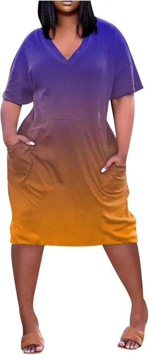 ADHOWBEW Womens Short Sleeve V Neck Plus Size Midi Dress with Pockets Summer Tshirt Dress