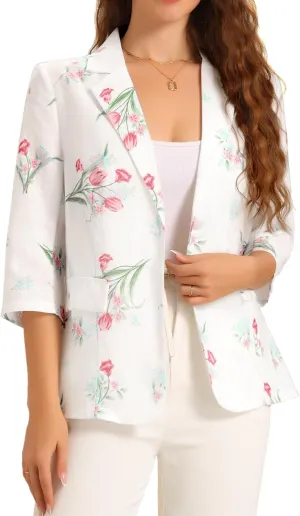 Allegra K Summer Floral Blazer for Women's 3/4 Sleeve Lightweight Casual Office Jacket