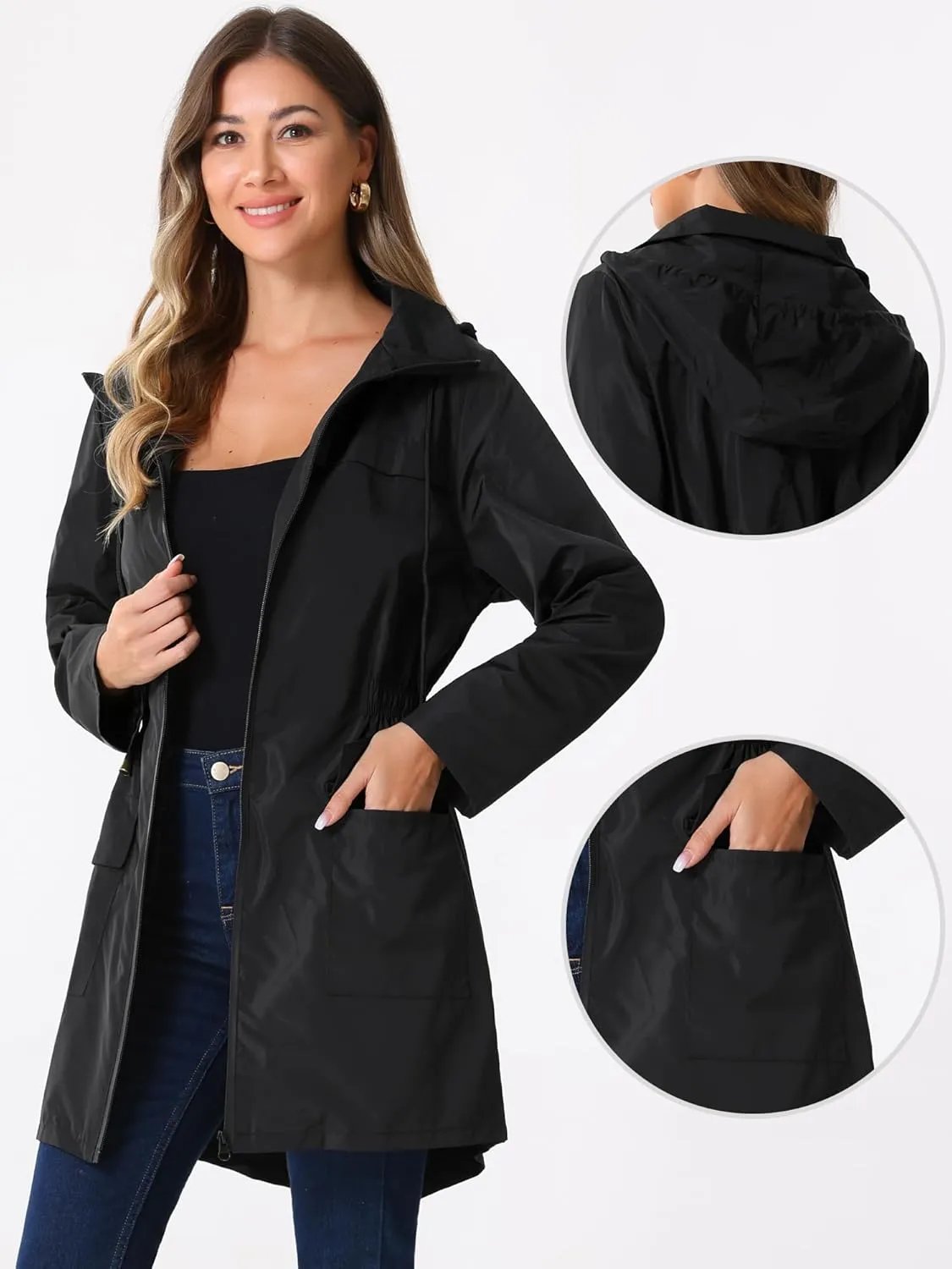 Allegra K Windbreaker Trench Coat for Women's Lightweight Hooded Raincoat Waterproof Jacket