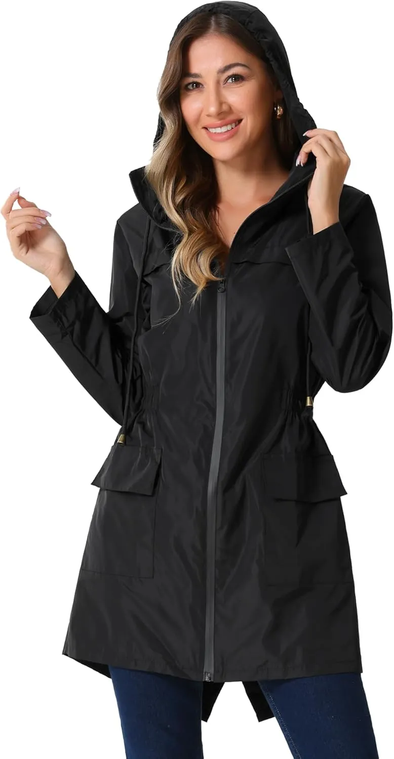 Allegra K Windbreaker Trench Coat for Women's Lightweight Hooded Raincoat Waterproof Jacket