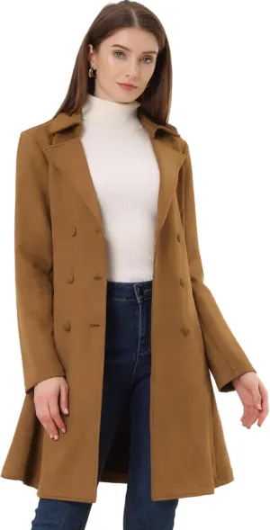 Allegra K Women's Faux Suede Jacket Double Breasted Notched Lapel Winter Long Trench Coat