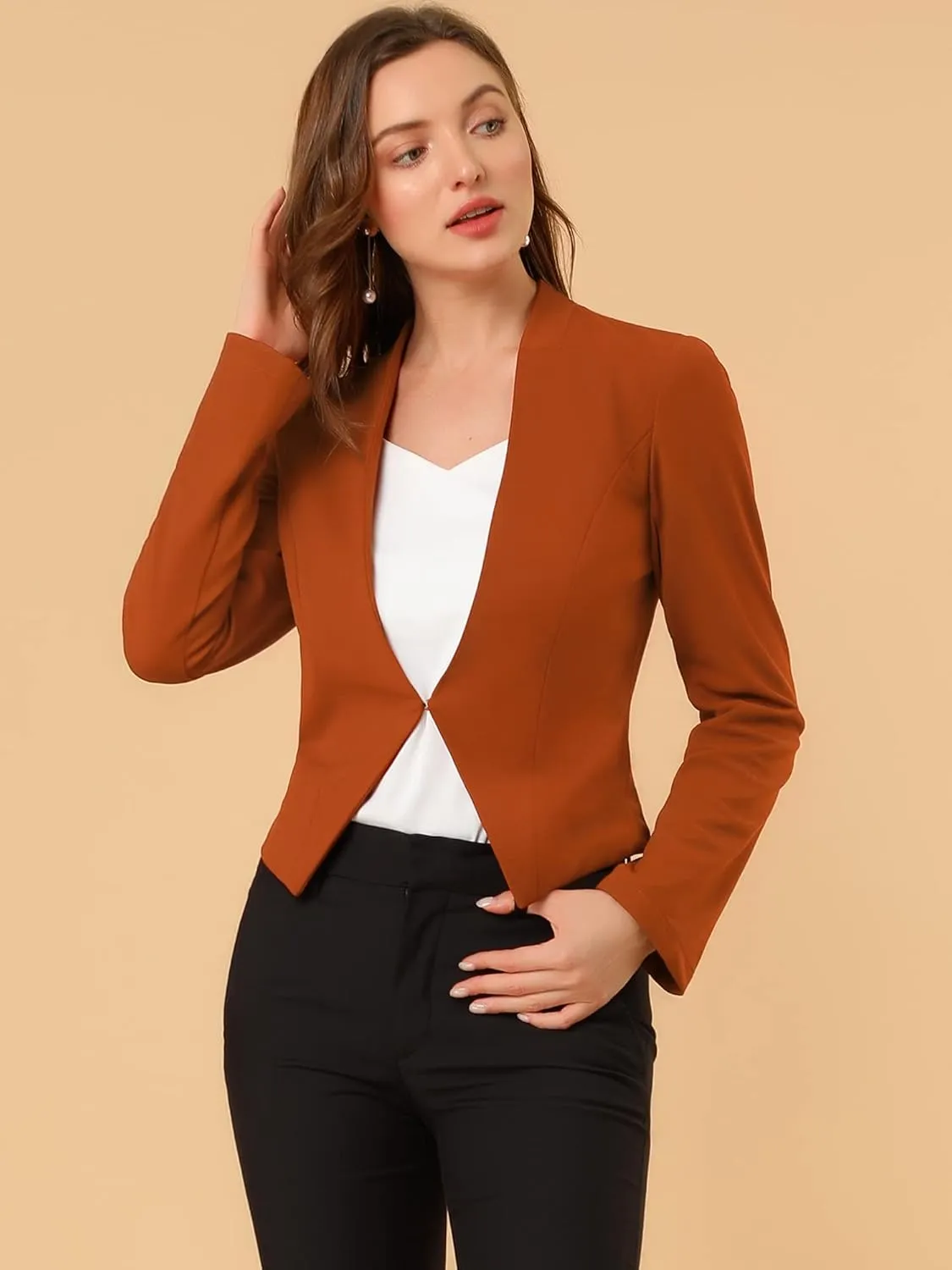 Allegra K Women's Work Office Suit Collarless Casual Cropped Blazer Jacket