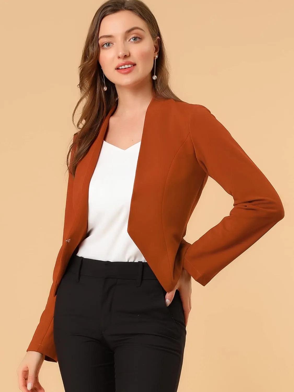 Allegra K Women's Work Office Suit Collarless Casual Cropped Blazer Jacket