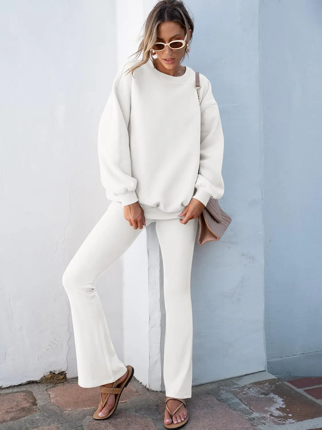 ANRABESS Women 2 Piece Sweatsuits Lounge Set Oversized Fleece Crewneck Sweatshirts Flare Pants 2025 Fall Outfits Clothes