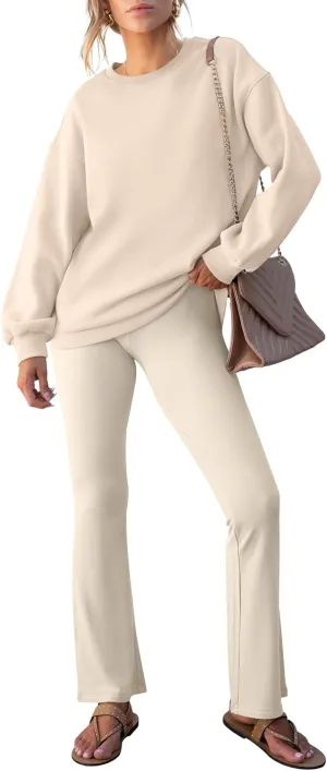 ANRABESS Women 2 Piece Sweatsuits Lounge Set Oversized Fleece Crewneck Sweatshirts Flare Pants 2025 Fall Outfits Clothes