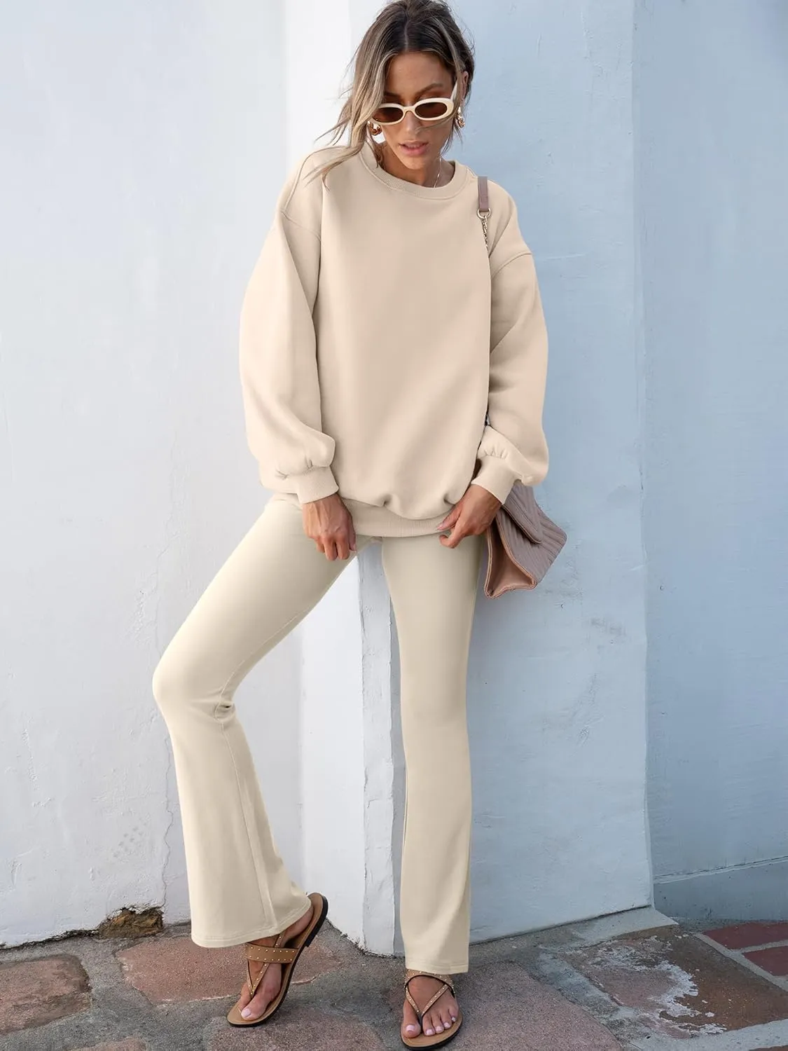 ANRABESS Women 2 Piece Sweatsuits Lounge Set Oversized Fleece Crewneck Sweatshirts Flare Pants 2025 Fall Outfits Clothes