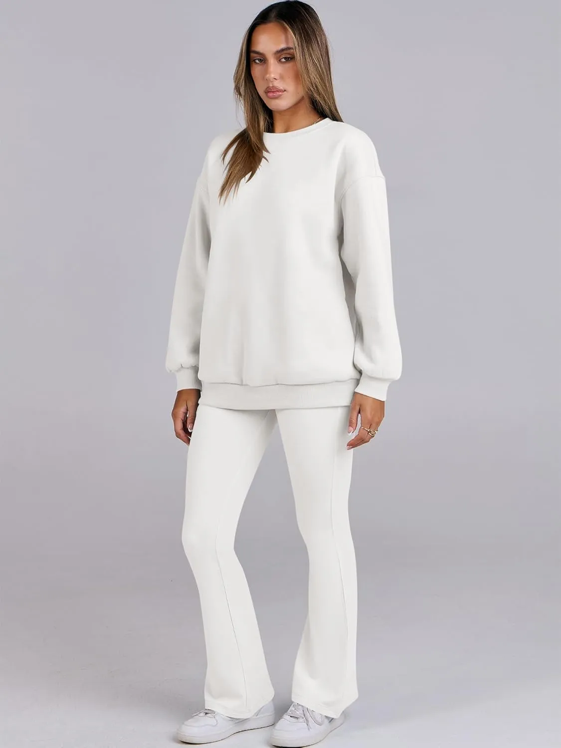ANRABESS Women 2 Piece Sweatsuits Lounge Set Oversized Fleece Crewneck Sweatshirts Flare Pants 2025 Fall Outfits Clothes