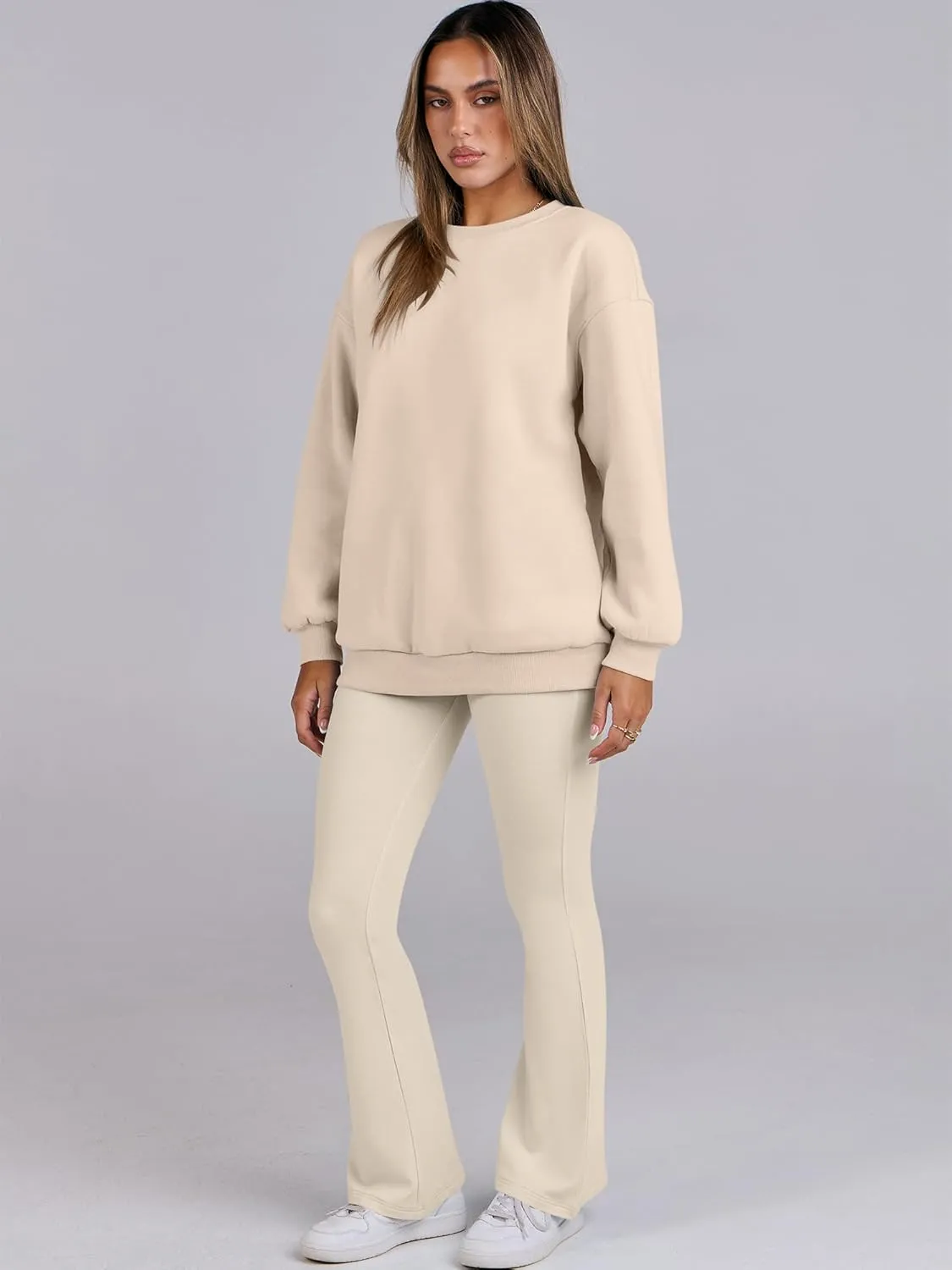 ANRABESS Women 2 Piece Sweatsuits Lounge Set Oversized Fleece Crewneck Sweatshirts Flare Pants 2025 Fall Outfits Clothes