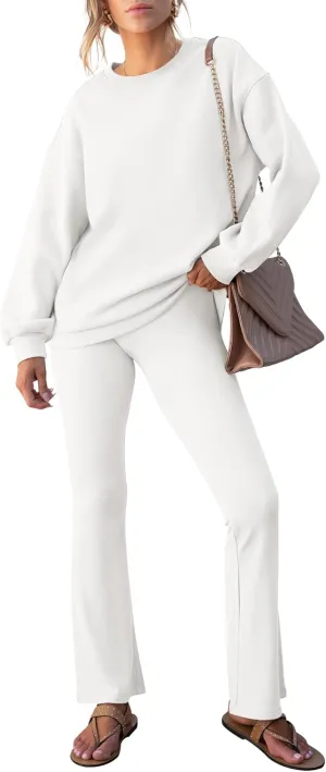 ANRABESS Women 2 Piece Sweatsuits Lounge Set Oversized Fleece Crewneck Sweatshirts Flare Pants 2025 Fall Outfits Clothes