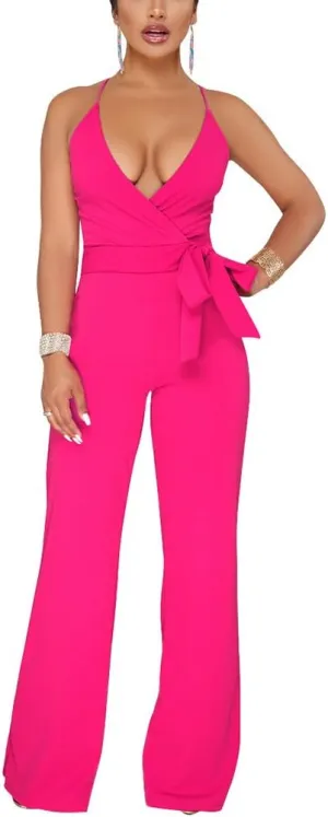 Aro Lora Women's Sexy V Neck Sleeveless Backless Long Wide Leg Pant Jumpsuit Romper