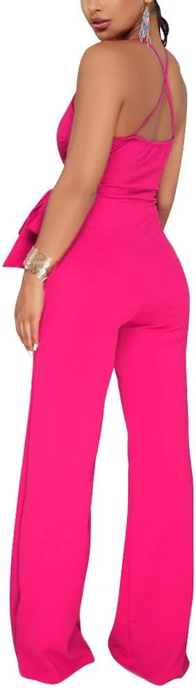 Aro Lora Women's Sexy V Neck Sleeveless Backless Long Wide Leg Pant Jumpsuit Romper