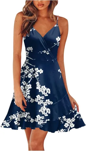 BAXLIMEK Party Dresses for Women,2025 Spring Summer Elegant V Neck Spaghetti Strap Sundress Flowy Ruched Ruffle Mini Dress