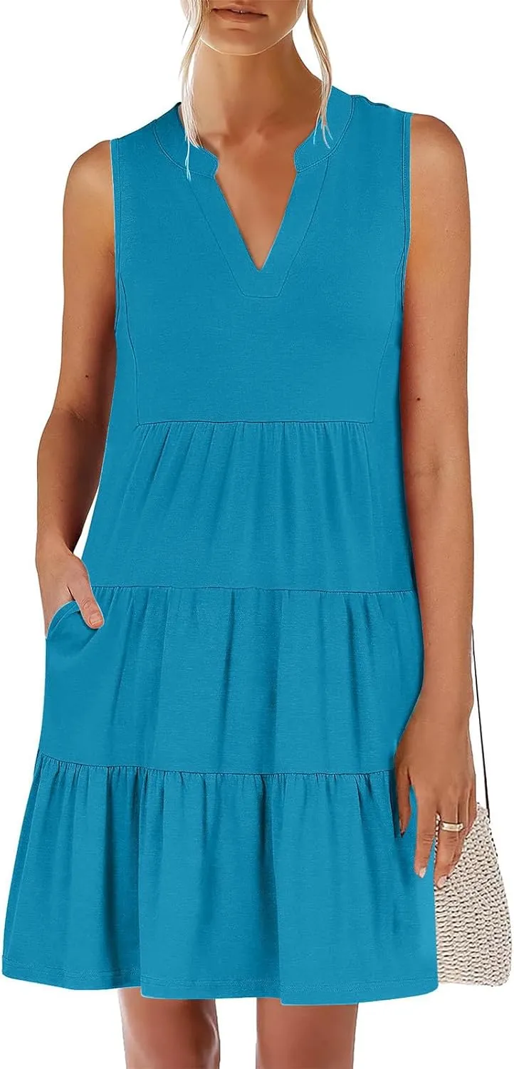 Beach Dresses for Women 2025 Vacation Sleeveless V Neck Flowy Mini Dress Fashion Ruffle Summer Sundress with Pockets