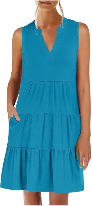 Beach Dresses for Women 2025 Vacation Sleeveless V Neck Flowy Mini Dress Fashion Ruffle Summer Sundress with Pockets