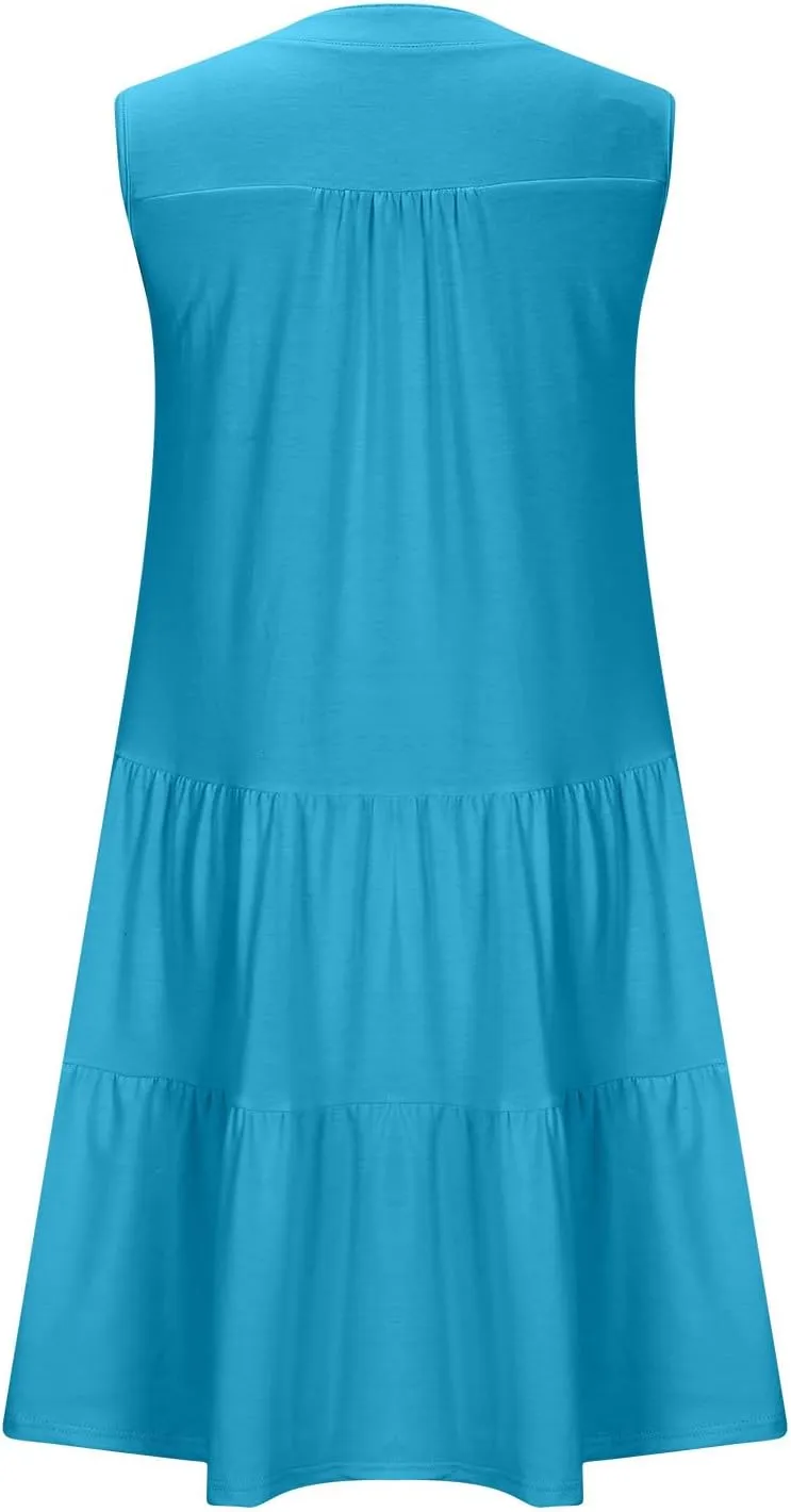 Beach Dresses for Women 2025 Vacation Sleeveless V Neck Flowy Mini Dress Fashion Ruffle Summer Sundress with Pockets