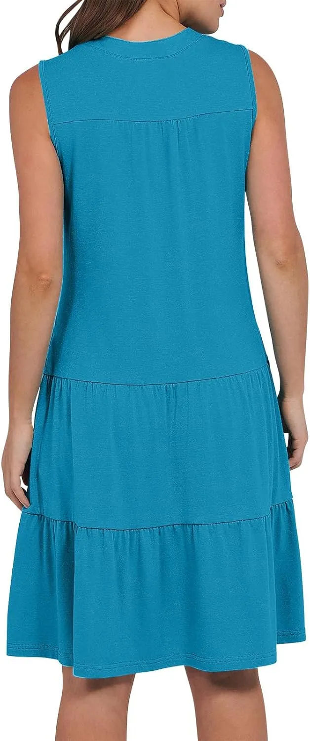 Beach Dresses for Women 2025 Vacation Sleeveless V Neck Flowy Mini Dress Fashion Ruffle Summer Sundress with Pockets