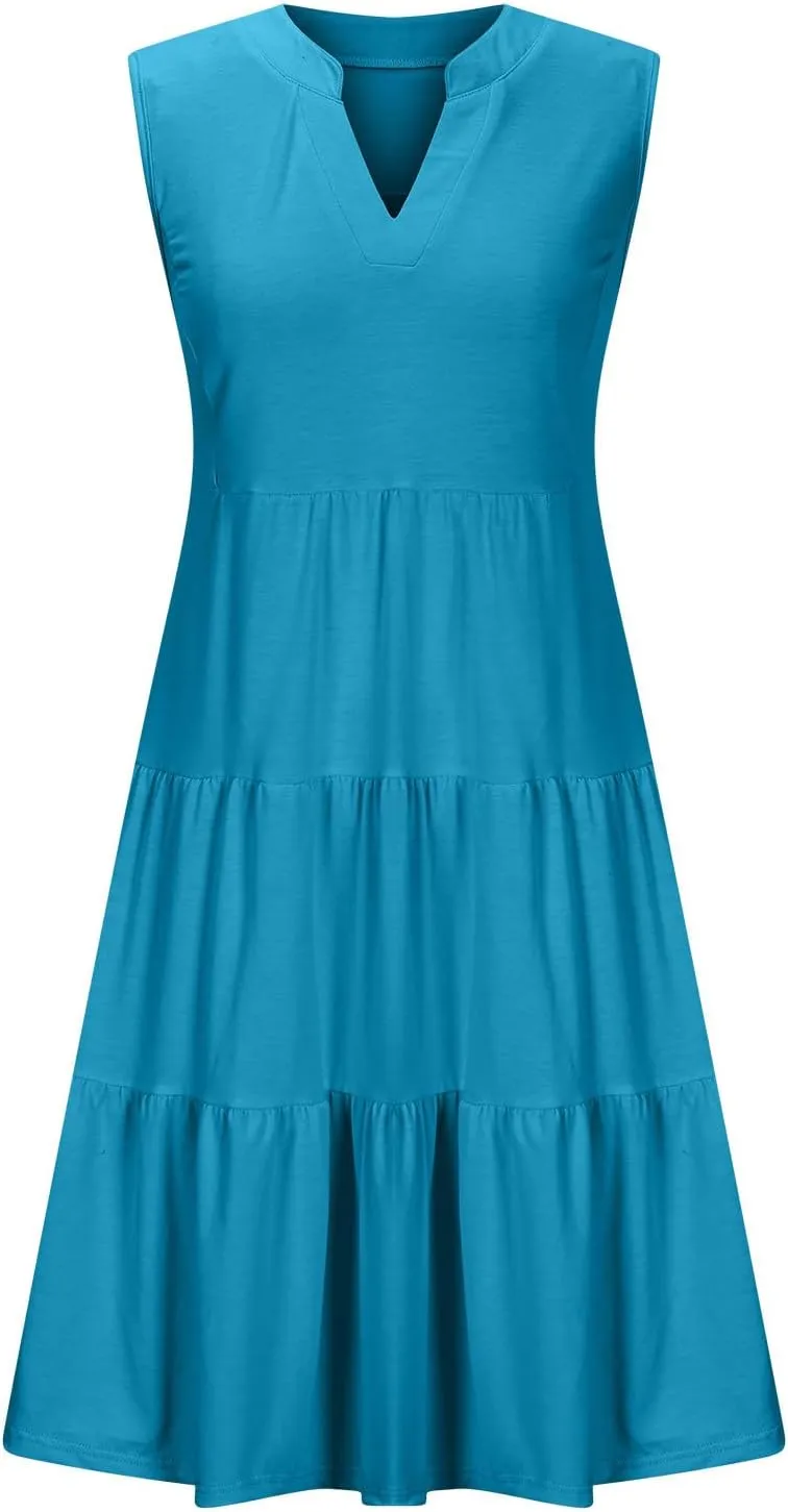 Beach Dresses for Women 2025 Vacation Sleeveless V Neck Flowy Mini Dress Fashion Ruffle Summer Sundress with Pockets