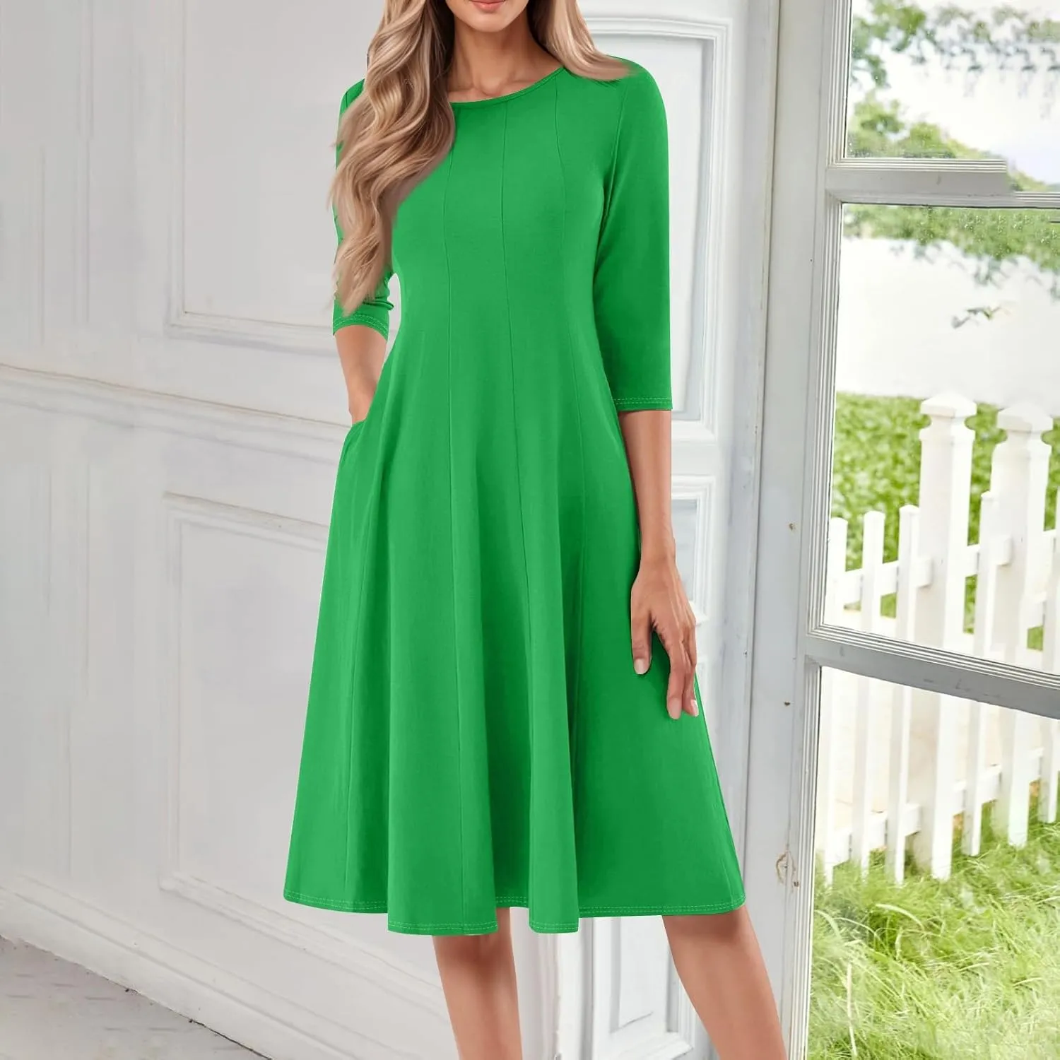 Beach Dresses for Women Summer 3/4 Sleeve Wrap Dress Solid Plain Ruched Midi Dresses Spring Pleated Dress with Pocket
