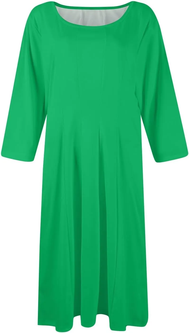 Beach Dresses for Women Summer 3/4 Sleeve Wrap Dress Solid Plain Ruched Midi Dresses Spring Pleated Dress with Pocket