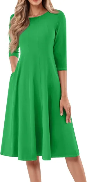 Beach Dresses for Women Summer 3/4 Sleeve Wrap Dress Solid Plain Ruched Midi Dresses Spring Pleated Dress with Pocket