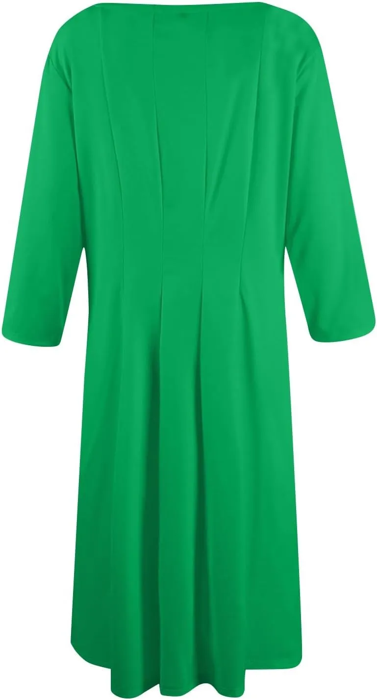 Beach Dresses for Women Summer 3/4 Sleeve Wrap Dress Solid Plain Ruched Midi Dresses Spring Pleated Dress with Pocket