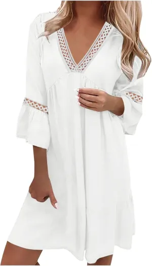 Beach Dresses for Women Summer Casual Bell Sleeve Boho Dress V Neck Lace Mini Dress Fashion Graphic Printed Midi Dress