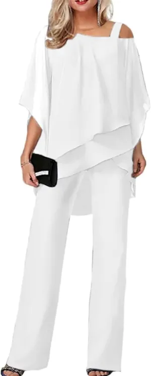 Bengbobar Pant Suits for Women Dressy 2 Piece Outfits Dressy Pant Suits Wedding Casual Chiffon Wide Leg Pant Jumpsuit Sets