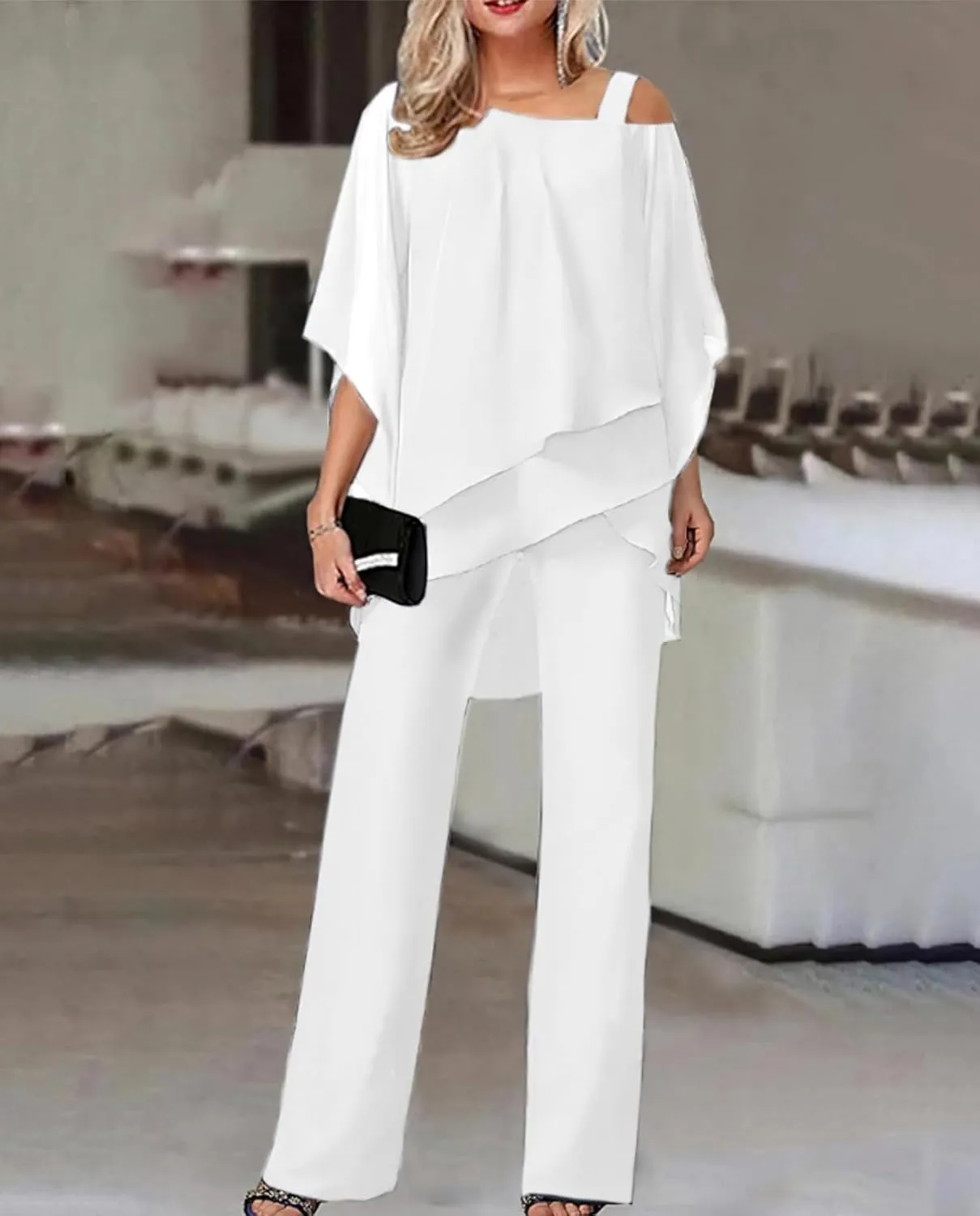 Bengbobar Pant Suits for Women Dressy 2 Piece Outfits Dressy Pant Suits Wedding Casual Chiffon Wide Leg Pant Jumpsuit Sets