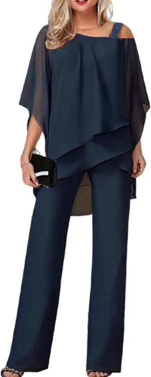 Bengbobar Pant Suits for Women Dressy 2 Piece Outfits Dressy Pant Suits Wedding Casual Chiffon Wide Leg Pant Jumpsuit Sets